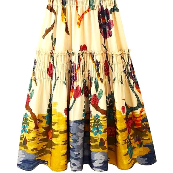 MIDI PRINTED PLEATED BOHEMIAN STYLE AUTUMN PRINT BROWNS SMOCKED TIERS DRESS - Picture 8 of 9